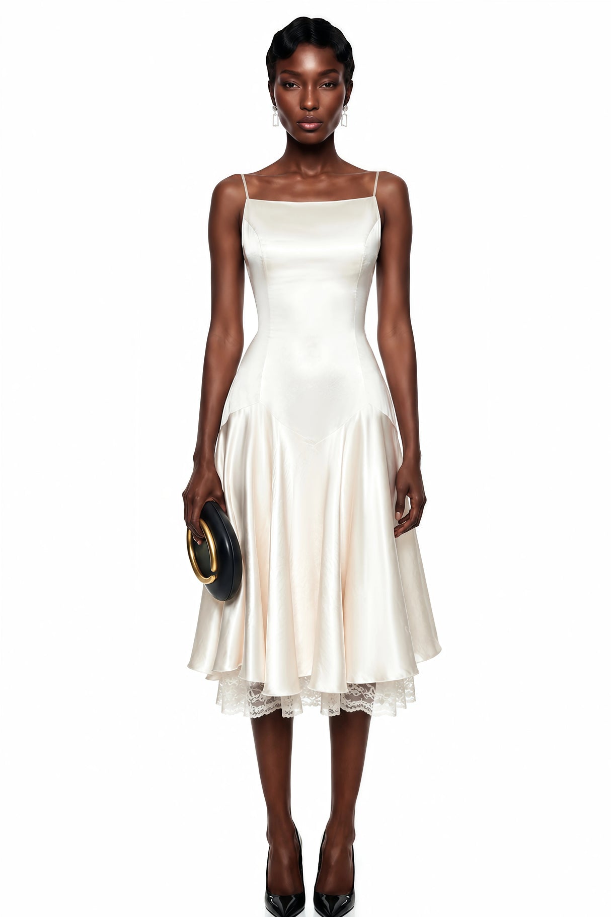 Hanife Champagne Satin Midi Dress with Lace Panels