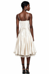 Hanife Champagne Satin Midi Dress with Lace Panels