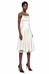 Hanife Champagne Satin Midi Dress with Lace Panels