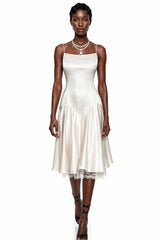 Hanife Champagne Satin Midi Dress with Lace Panels