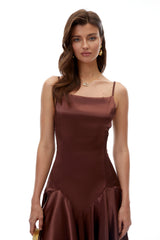 Hanife Chocolate Brown Satin Midi Dress with Lace Panels
