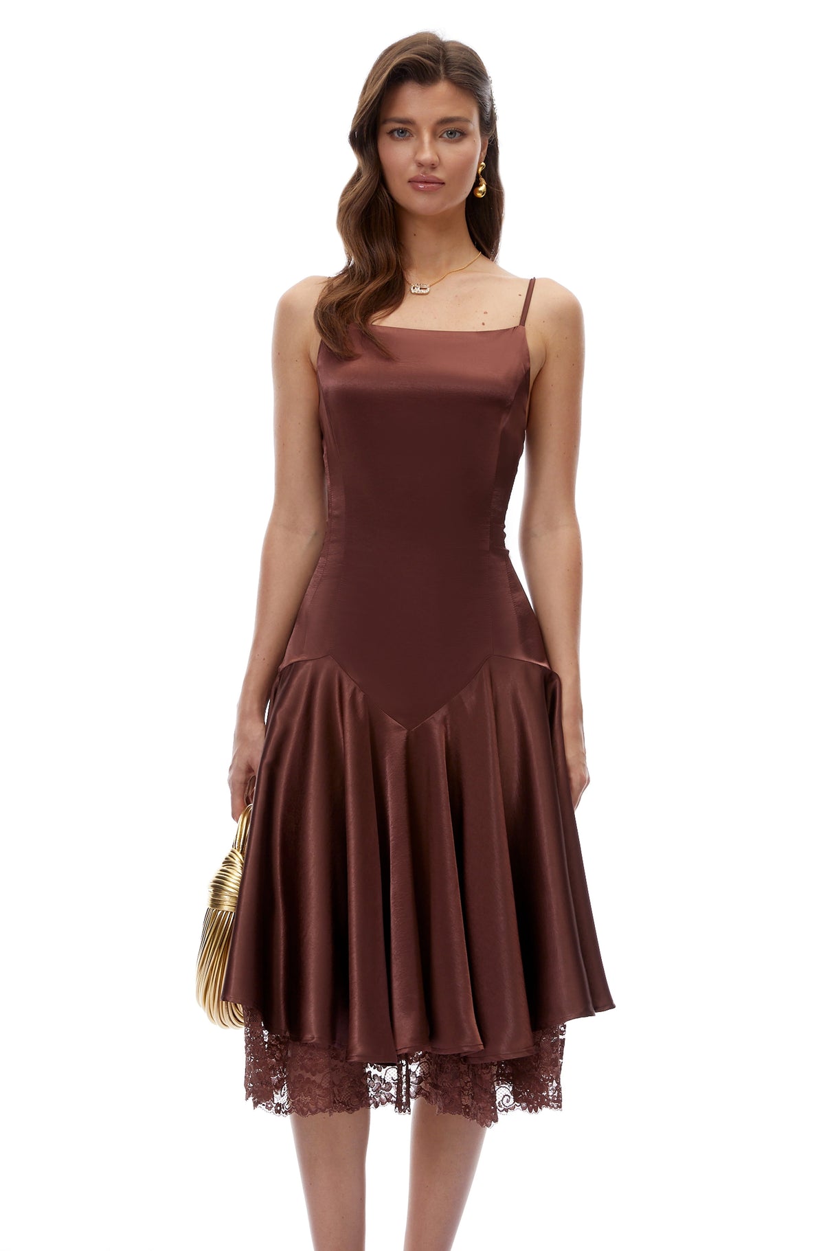 Hanife Chocolate Brown Satin Midi Dress with Lace Panels
