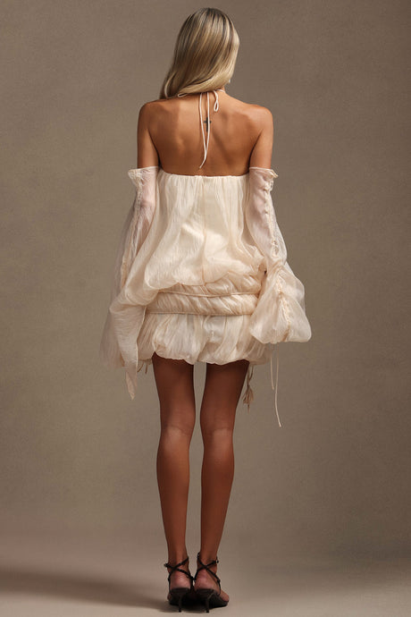Hanna Beige Mini Dress Elegant Modern Silhouette Lightweight Fabric Waist Detailing Summer Parties Weddings Evenings Out Charm Style Versatile Heels Sandals Wardrobe