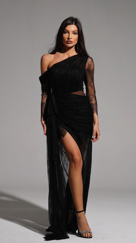 Hanna Black Lace One-Shoulder Evening Dress with High Slit and Ruched Detailing