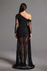 Hanna Black Lace One-Shoulder Evening Dress with High Slit and Ruched Detailing