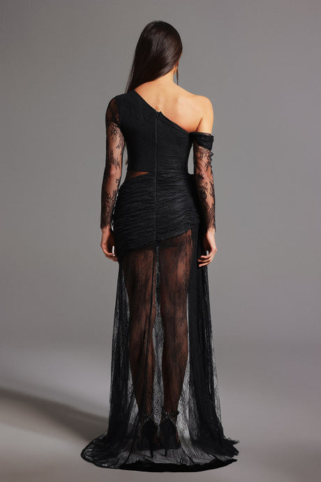 Hanna Black Lace One-Shoulder Evening Dress with High Slit and Ruched Detailing