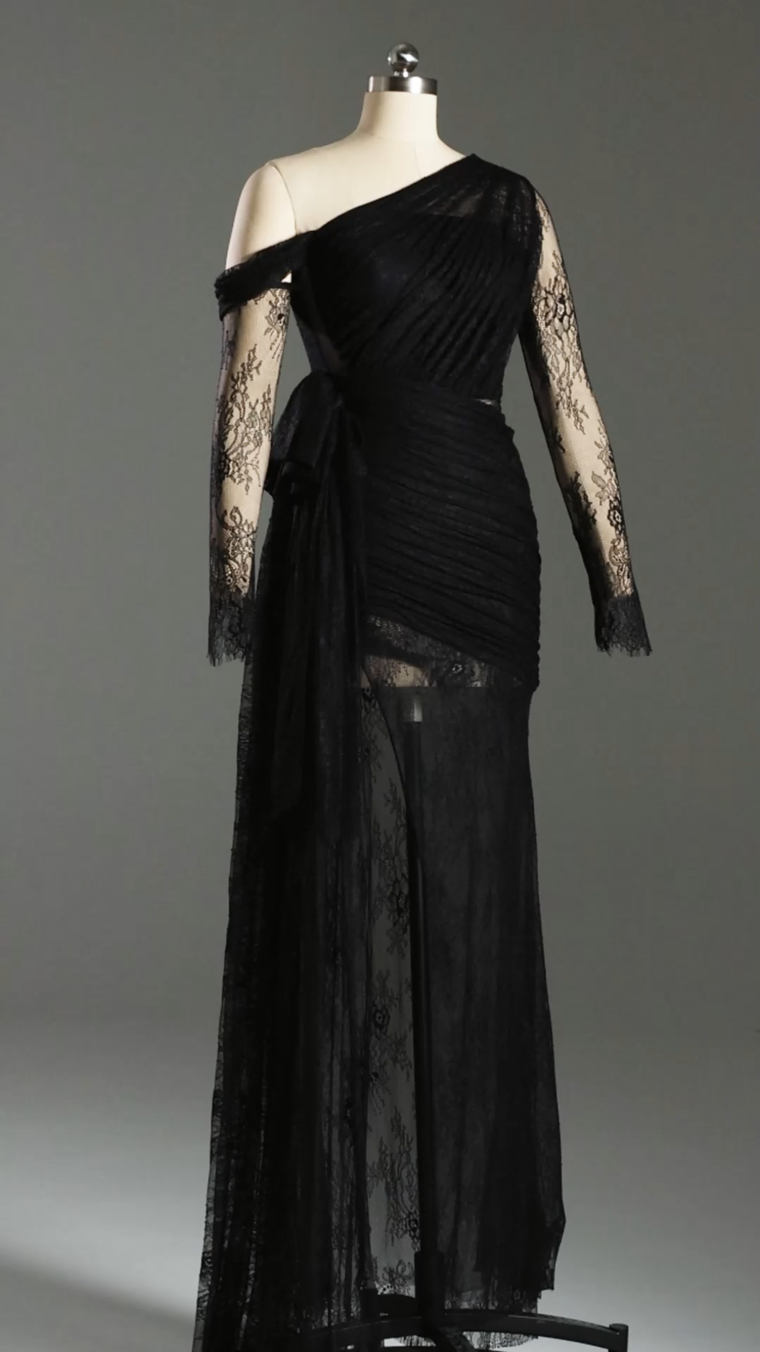 Hanna Black Lace One-Shoulder Evening Dress with High Slit and Ruched Detailing