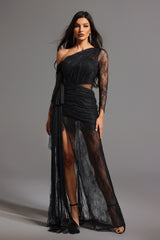 Hanna Black Lace One-Shoulder Evening Dress with High Slit and Ruched Detailing