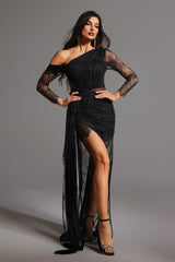 Hanna Black Lace One-Shoulder Evening Dress with High Slit and Ruched Detailing