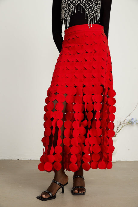 Hanna discdesign fringed maxi skirt in Red