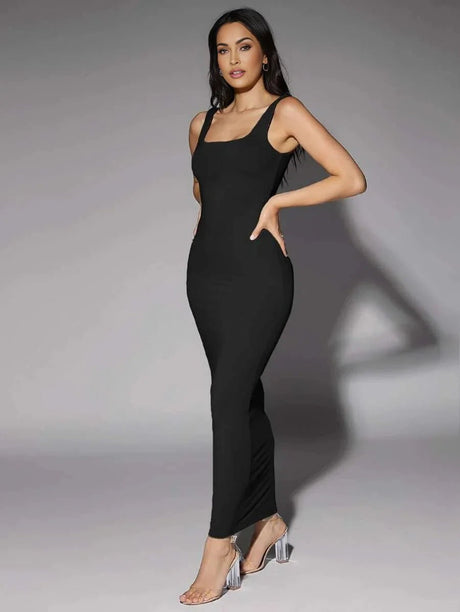Hanna Maxi Dress - Refined Style - Slim Fit Type - Backless, Rib - Knit - Sleeveless Length - Pencil Hem Shape - Scoop Neckline - Modern Look