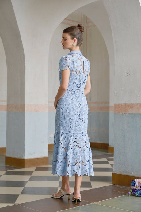 Hanna Midi Dress - Guipure Lace - Floral Appliqué - Scallop Trim - Flared Hem - Short Sleeves