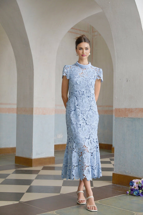 Hanna Midi Dress - Guipure Lace - Floral Appliqué - Scallop Trim - Flared Hem - Short Sleeves