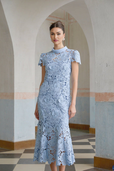 Hanna Midi Dress - Guipure Lace - Floral Appliqué - Scallop Trim - Flared Hem - Short Sleeves