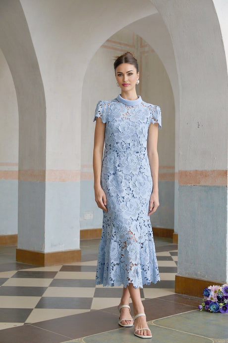 Hanna Midi Dress - Guipure Lace - Floral Appliqué - Scallop Trim - Flared Hem - Short Sleeves