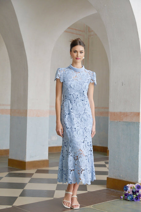 Hanna Midi Dress - Guipure Lace - Floral Appliqué - Scallop Trim - Flared Hem - Short Sleeves