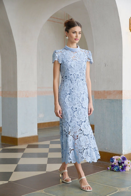 Hanna Midi Dress - Guipure Lace - Floral Appliqué - Scallop Trim - Flared Hem - Short Sleeves