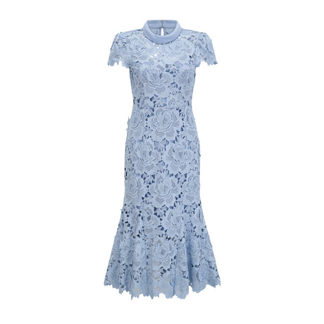 Hanna Midi Dress - Guipure Lace - Floral Appliqué - Scallop Trim - Flared Hem - Short Sleeves