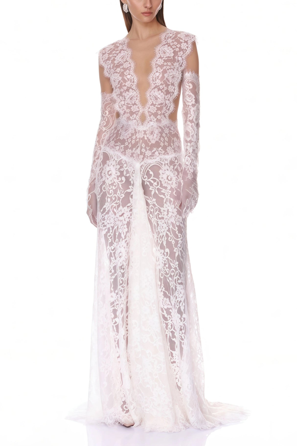 Hanna White Sheer Lace Maxi Dress with Deep VNeck Without Gloves