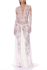Hanna White Sheer Lace Maxi Dress with Deep VNeck Without Gloves