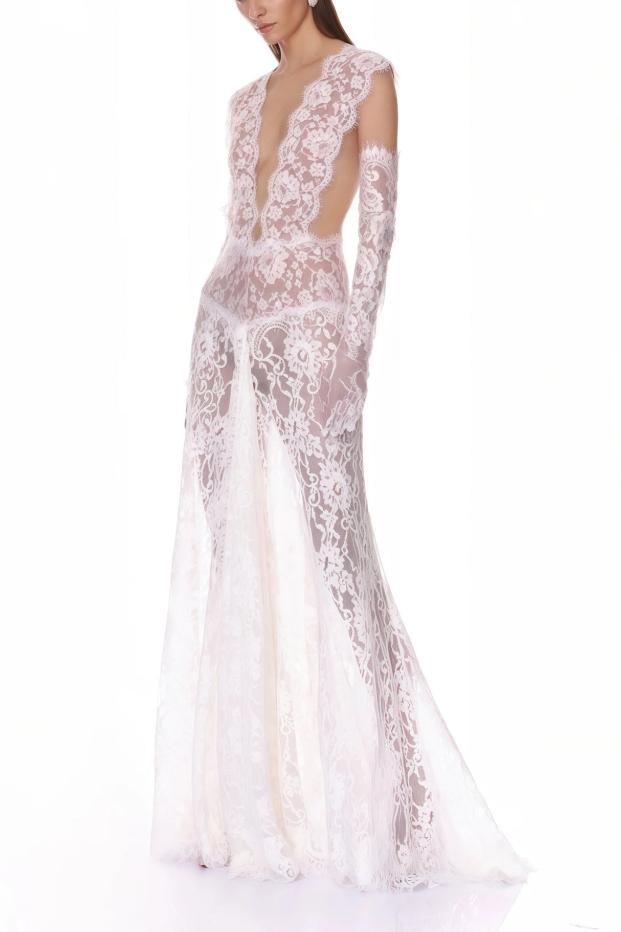 Hanna White Sheer Lace Maxi Dress with Deep VNeck Without Gloves
