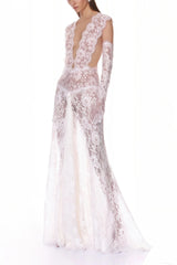 Hanna White Sheer Lace Maxi Dress with Deep VNeck Without Gloves