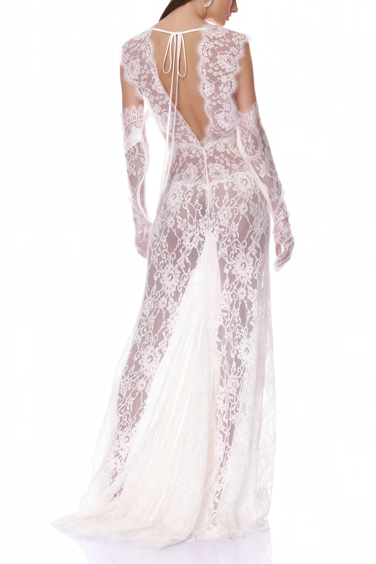 Hanna White Sheer Lace Maxi Dress with Deep VNeck Without Gloves