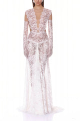 Hanna White Sheer Lace Maxi Dress with Deep VNeck Without Gloves