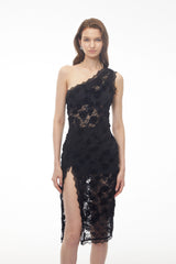 Hannah Black 3D Floral Midi Dress wiith Side Slit