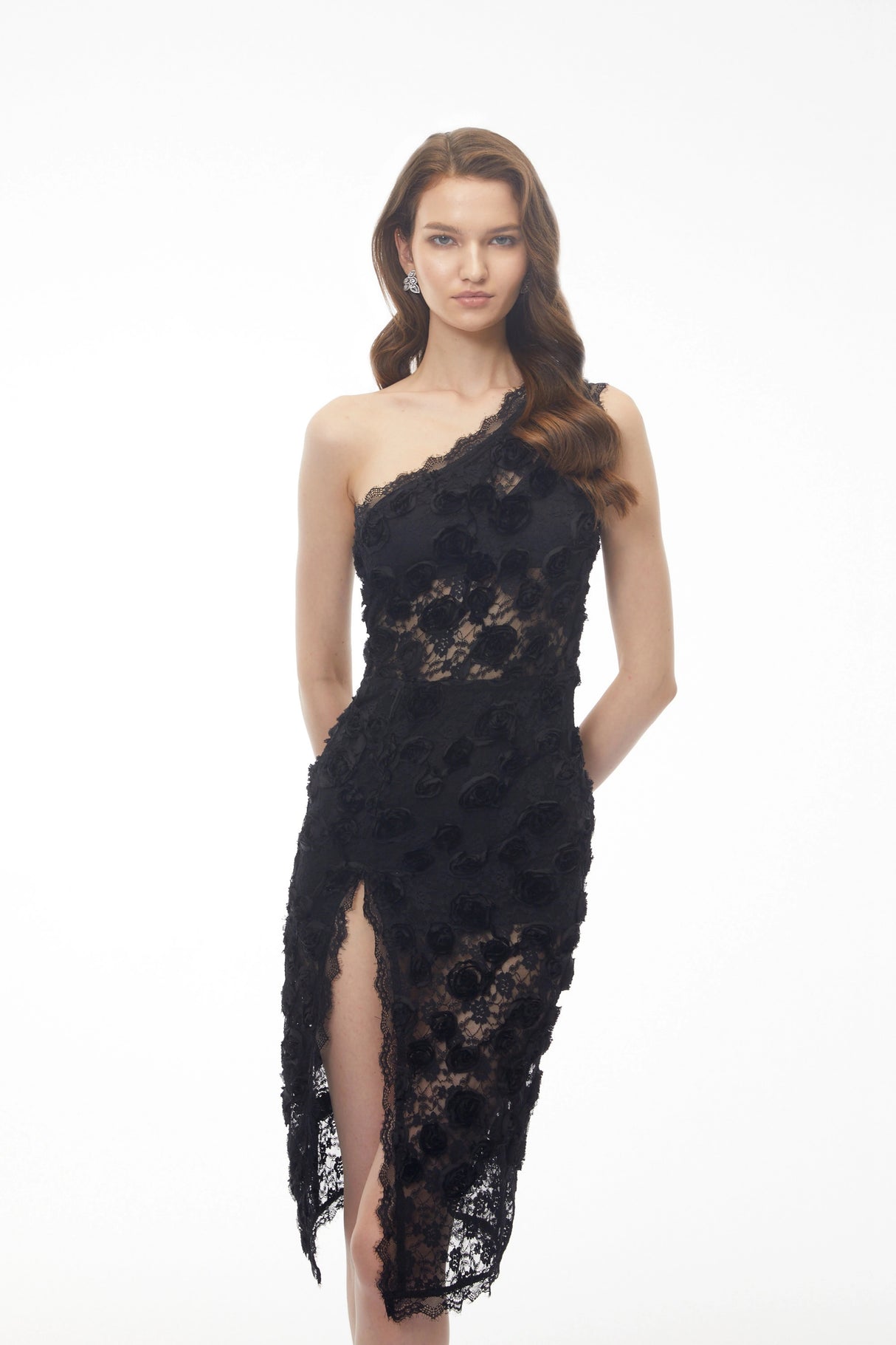Hannah Black 3D Floral Midi Dress wiith Side Slit