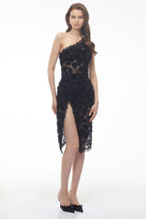 Hannah Black 3D Floral Midi Dress wiith Side Slit
