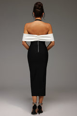 Hannah Black Halter Off-Shoulder Brooch Detail Maxi Dress with Slit