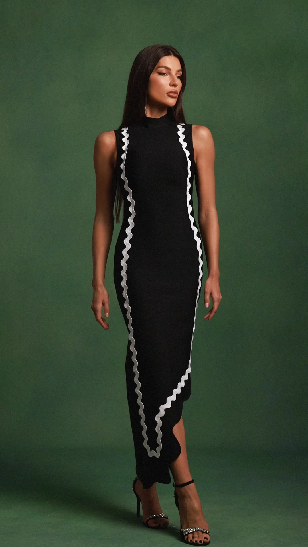 Hannah Black Sleeveless Maxi Dress with Contrast Trim and Asymmetrical Hemline