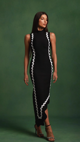 Hannah Black Sleeveless Maxi Dress with Contrast Trim and Asymmetrical Hemline