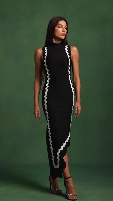 Hannah Black Sleeveless Maxi Dress with Contrast Trim and Asymmetrical Hemline