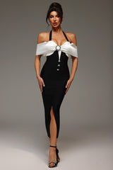 Hannah Black Halter Off-Shoulder Maxi Dress with Brooch Detail and Slit