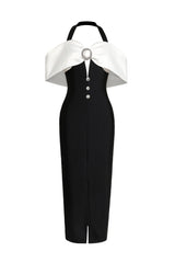 Hannah Black Halter Off-Shoulder Maxi Dress with Brooch Detail and Slit