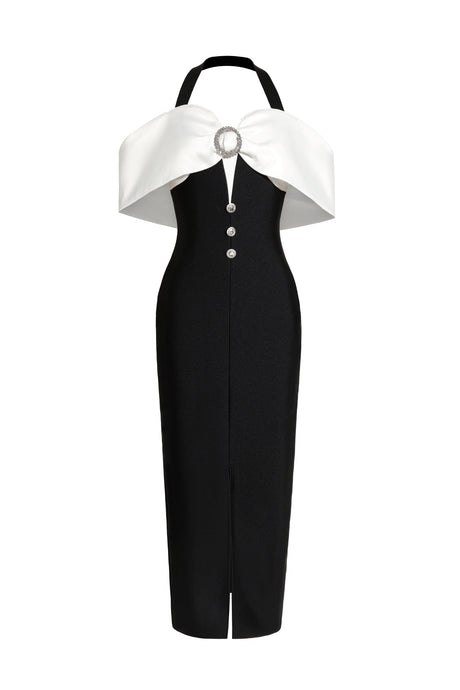 Hannah Black Halter Off-Shoulder Maxi Dress with Brooch Detail and Slit