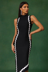 Hannah Black Sleeveless Maxi Dress with Contrast Trim and Asymmetrical Hemline