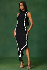 Hannah Black Sleeveless Maxi Dress with Contrast Trim and Asymmetrical Hemline