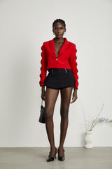 Hannah Blazer - Notched Lapels - Cropped - Bow - Embellished Sleeves - Front Button Fastening