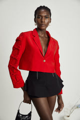 Hannah Blazer - Notched Lapels - Cropped - Bow - Embellished Sleeves - Front Button Fastening
