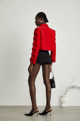 Hannah Blazer - Notched Lapels - Cropped - Bow - Embellished Sleeves - Front Button Fastening
