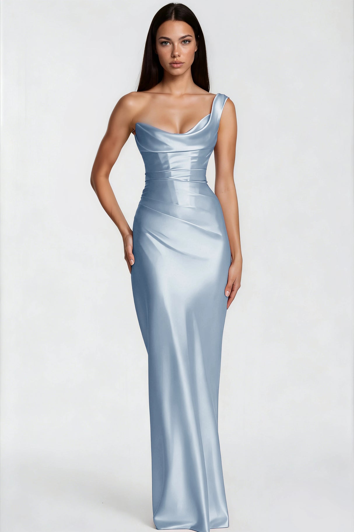 Hannah Blue One Shoulder Satin Maxi Dress