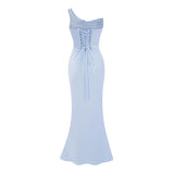 Hannah Blue One Shoulder Satin Maxi Dress