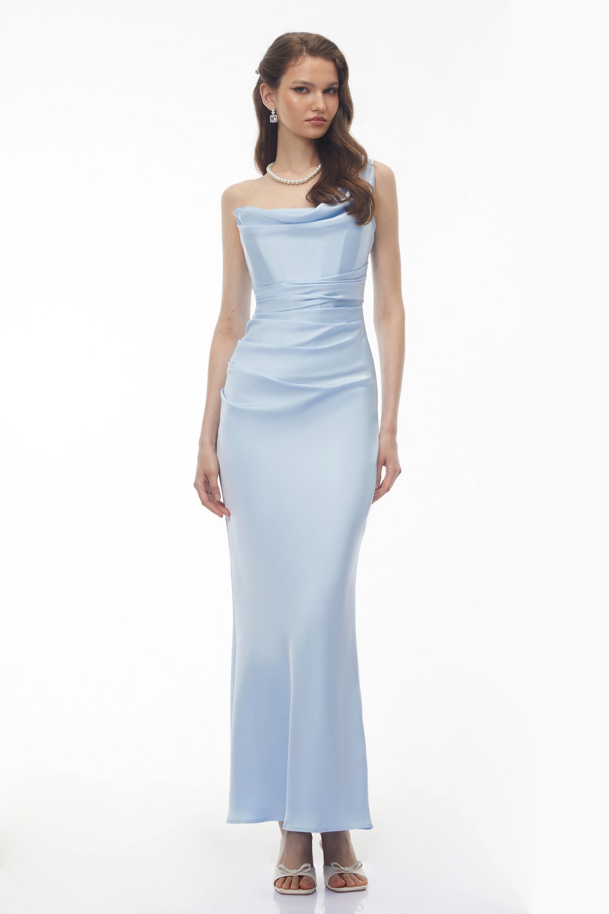Hannah Blue One Shoulder Satin Maxi Dress