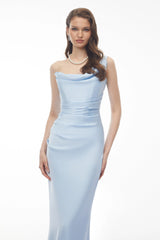 Hannah Blue One Shoulder Satin Maxi Dress