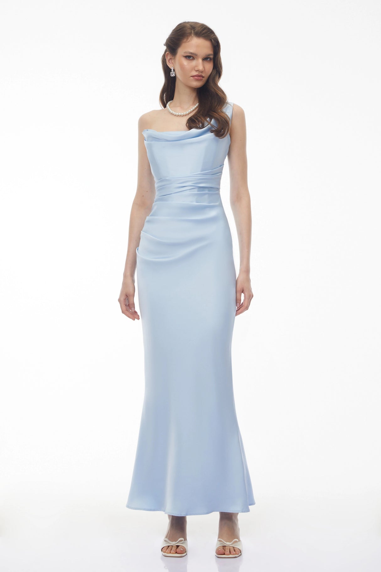 Hannah Blue One Shoulder Satin Maxi Dress