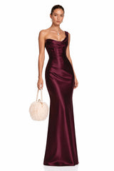 Hannah Burgundy One Shoulder Satin Maxi Dress