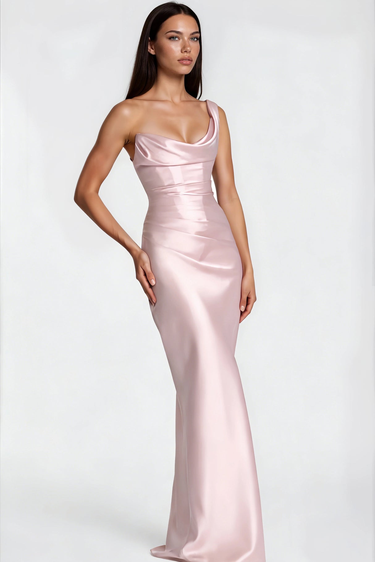 Hannah Pink One Shoulder Satin Maxi Dress